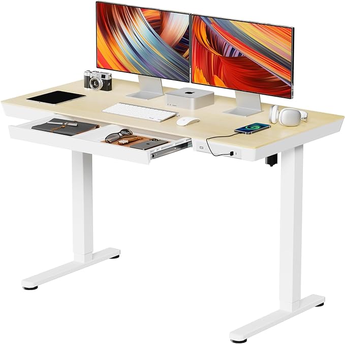 Electric Standing Desk with Drawers, Whole Piece 48 Inches Adjustable Height Desk, Modern Sit Stand Up Desk,Ergonomic Rising Desk for Home Office Workstation, Light Wood