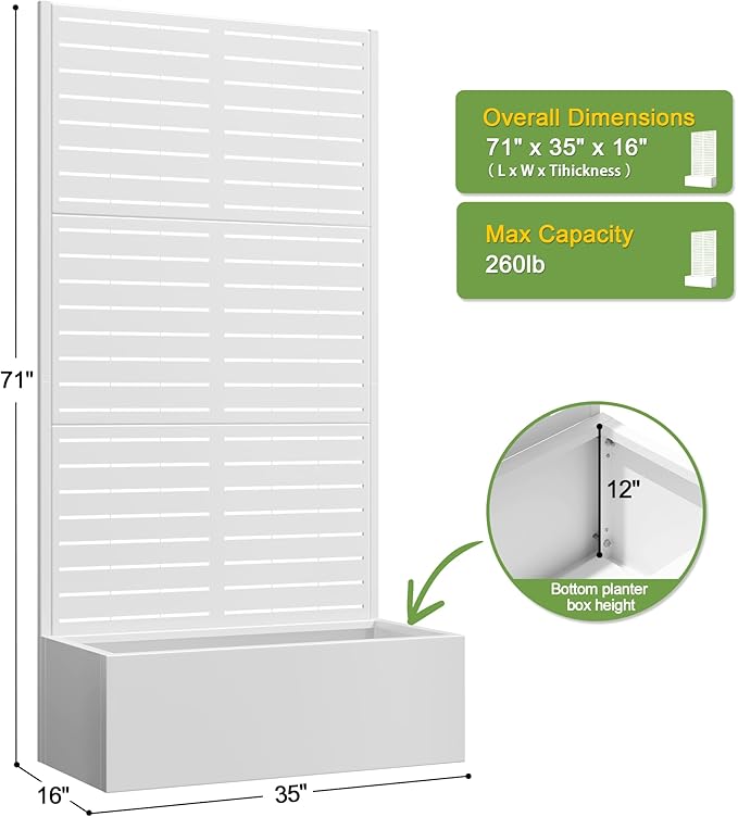 FENCY Metal Raised Garden Bed with Trellis, Metal Planter Box with Trellis, Garden Box for Climbing Plants Vegetable, 35" Lx16 Wx71 H Garden Bed with Drainage Holes(White-Louvered)