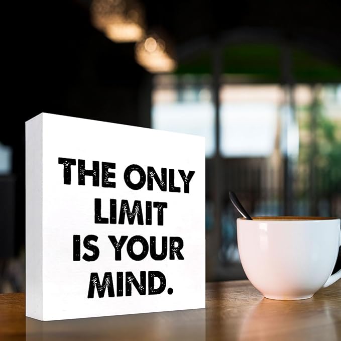 Positive Wood Box Sign Desk Decor,The Only Limit is Your Mind Wood Plaque Signs,Rustic Inspirational Wooden Block Sign Decor for Office Workplace Classroom Shelf Table Decoration C1079