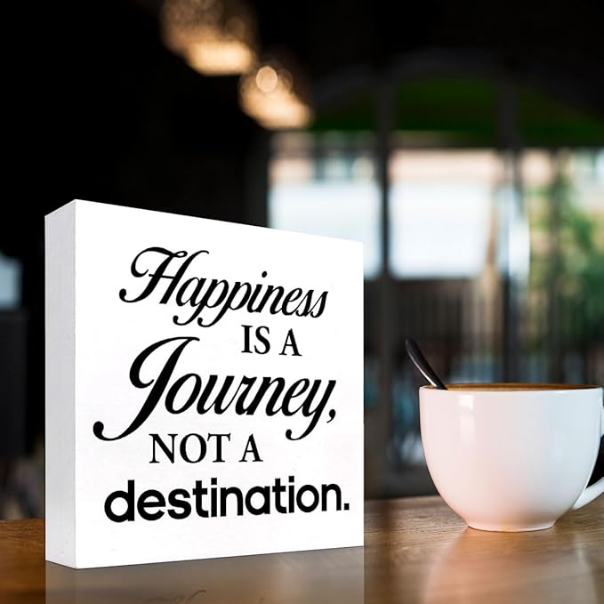 Motivational Wood Box Sign Desk Decor,Happiness is a Journey not a Destination Wood Plaque Signs,Rustic Wooden Block Sign Decor for Home Office Shelf Table Decoration C1081
