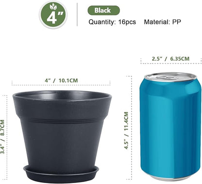 4 inch Small Plastic Nursery Pots, 16 Pack Plant Pots for Indoor Outdoor Plants, Flower Pots with Drainage Holes and Saucers, Decorative Seedling Starter Planters for House Plants, Black
