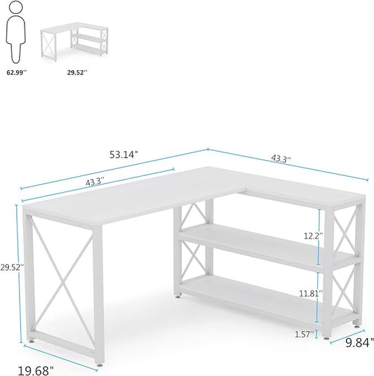 Tribesigns Reversible Industrial L-Shaped Desk with Storage Shelves, Corner Computer Desk PC Laptop Study Table Workstation for Home Office Small Space (White, 53")