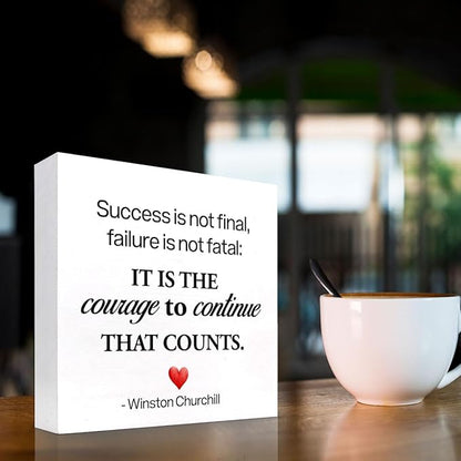 Motivational Wood Box Sign Desk Decor,Success is not Final Failure is not Fatal Wood Plaque Signs,Rustic Positive Wooden Block Sign Decor for Home Office Shelf Desk Table Decoration C1071
