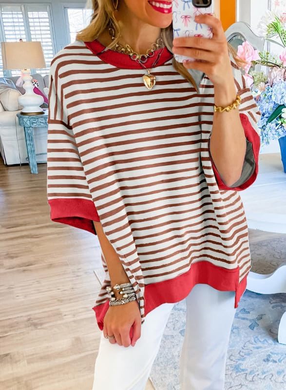 SHEWIN Womens Tops Casual Short Sleeve Sweatshirt Crewneck Striped Shirt Pullover T Shirts Loose Blouses