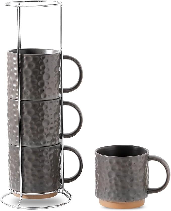 Nihow 16 Oz Ceramic Coffee Mug Set of 4 with Stackable Stand,Matte Gray | Stackable, Stainless Stand Included, Cappuccino & Tea, Hot/Cold Drinks, Dishwasher & Microwave Safe