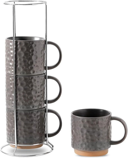 Nihow 16 Oz Ceramic Coffee Mug Set of 4 with Stackable Stand,Matte Gray | Stackable, Stainless Stand Included, Cappuccino & Tea, Hot/Cold Drinks, Dishwasher & Microwave Safe