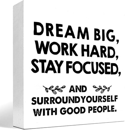 Motivational Wood Box Sign Desk Decor,Dream Big Work Hard Stay Focused Wood Plaque Signs,Rustic Positive Wooden Block Sign Decor for Office Workplace Classroom Shelf Table Decoration C1077