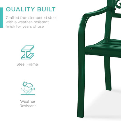 Best Choice Products Outdoor Bench Steel Garden Patio Porch Furniture for Lawn, Park, Deck w/Floral Design Backrest, Slatted Seat - Dark Green