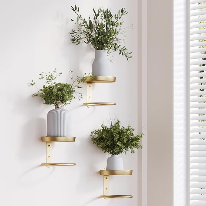 Metal Wall Planters Mid Century Modern Floating Shelves for Indoor Hanging Plants, Space-Saving Vertical Garden for Home & Office 3 Pack Gold