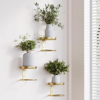Metal Wall Planters Mid Century Modern Floating Shelves for Indoor Hanging Plants, Space-Saving Vertical Garden for Home & Office 3 Pack Gold
