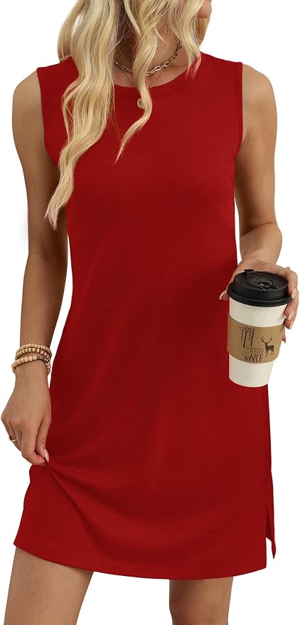 WIHOLL Casual Dresses for Women Crewneck Sleeveless Tank Dress Summer Spring Boho Vacation Clothes