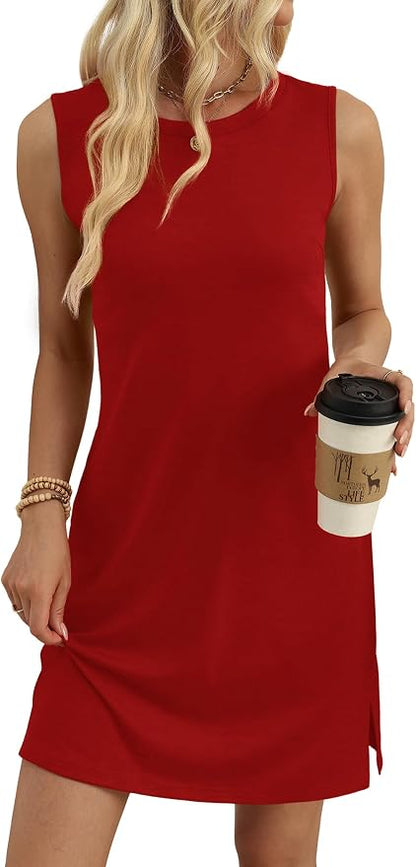 WIHOLL Casual Dresses for Women Crewneck Sleeveless Tank Dress Summer Spring Boho Vacation Clothes