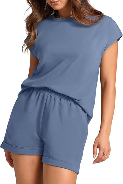 WIHOLL 2 Piece Sets for Women Casual Summer Travel Vacation Outfits Cap Sleeve Shorts Lounge Set
