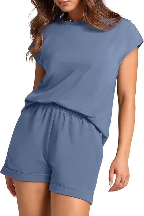 WIHOLL 2 Piece Sets for Women Casual Summer Travel Vacation Outfits Cap Sleeve Shorts Lounge Set