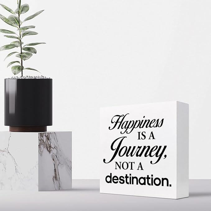 Motivational Wood Box Sign Desk Decor,Happiness is a Journey not a Destination Wood Plaque Signs,Rustic Wooden Block Sign Decor for Home Office Shelf Table Decoration C1081