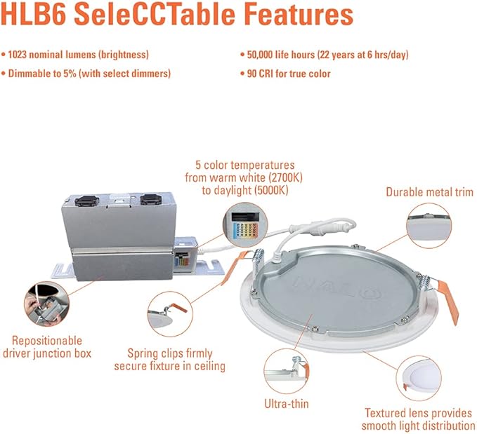 HALO HLB Recessed Lighting 6 Inch LED Thin Canless, Dimmable w/Selectable Color Temperatures - HLB6099FS1EMWR