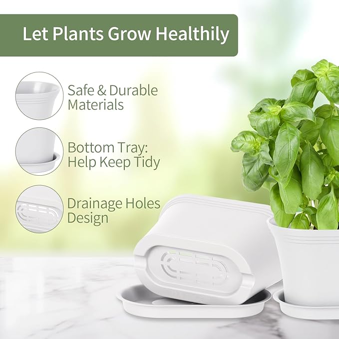 Windowsill Garden Pots, White Plastic Flower Pots with Drainage Tray for Herb, Succulents, African Violet (Pack of 6)