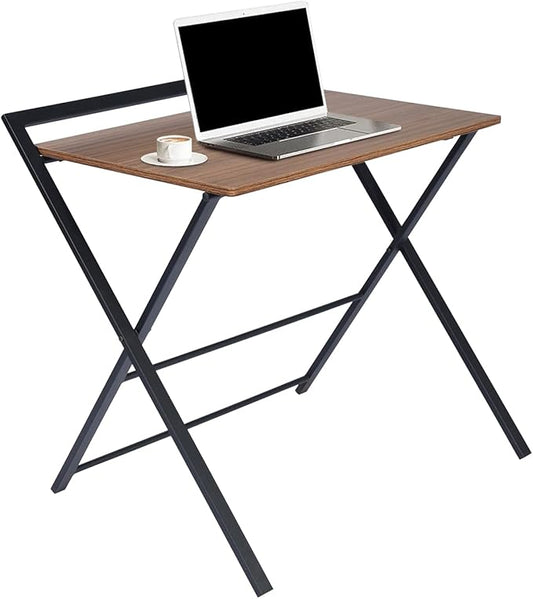 Folding Desk, Foldable Table Space Saving Computer Sturdy Writing Table Workstation for Home Office with Metal Frames/Wood Top Laptop, No Assembly Required, Brown