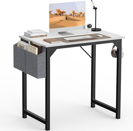 SMUG Computer Desk 32 Inch Home Office Writing Wood Storage Bag & Headphone Hook Small Spaces Simple Bedroom Work Study Kids Table, White