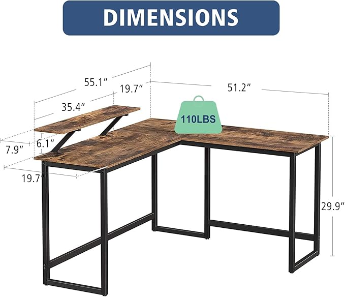 L Shape Computer Desk - Spacious 55 inch Corner Desk Home Office Desk Gaming Desk with Reversible Monitor Stand and Adjustable Feet, Easy Assembly, Rustic Brown