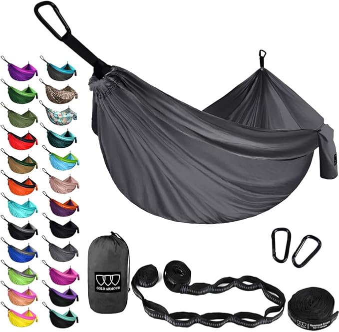 Gold Armour Camping Hammock - XL Double Hammock Portable Hammock Camping Accessories Gear for Outdoor Indoor with Tree Straps, USA Based Brand (Gray)