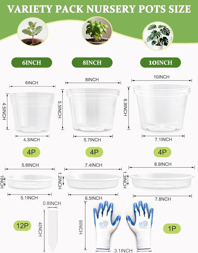 12 Pack 10/8/6 Inch Clear Nursery Pots with Saucer, Plant Label, Gardening Gloves, Transparent Sturdy Plastic Plant Pots with Drainage Hole, Plant Starter Pots for Planting Seedling Herb Vegetable