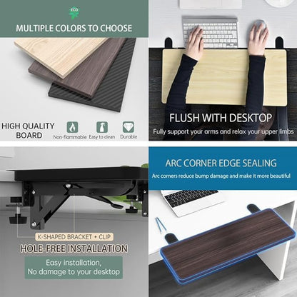 Ergonomics Desk Extender Tray, 25.2"x9.5" Punch-Free Clamp on, Foldable Keyboard Drawer Tray, Table Mount Arm Wrist Rest Shelf, Computer Elbow Arm Support
