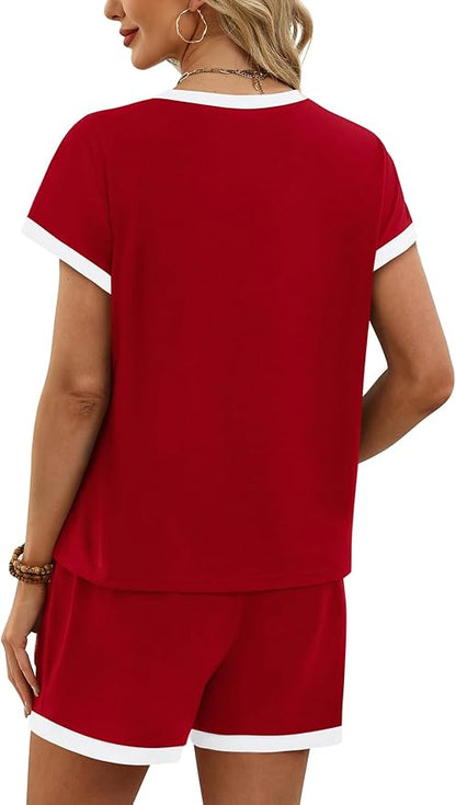 WIHOLL Two Piece Sets for Women Summer Lounge Short Sets Cap Sleeve Crew Neck Sweatsuit with Pocket XS-2XL