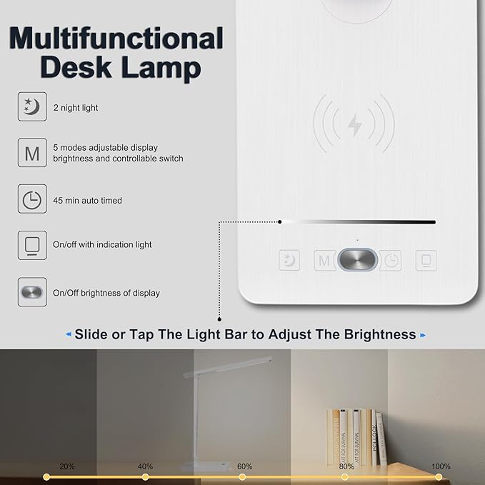 10 in 1 Smart Led Desk Lamp, Desk Table Lamp for Home Office, Eye-Caring Office Lamp with Night Lights, Lamp for Desk with 10W Wireless Charger, Dimmable Touch Lamp for Bedroom Reading Study Work