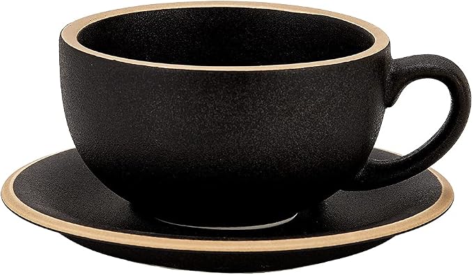 Coffeezone Vintage Design 12 oz Ceramic Latte Art Cappuccino Barista Cup with Saucer (Rough Black)