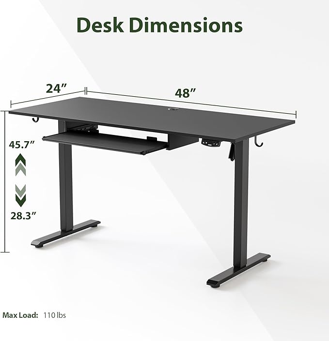 Height Adjustable Desk with Keyboard Tray, 48 x 24 Inches Electric Standing Desk, Stand up Computer Table with Memory Preset, Gaming Modern Lift Motorized Gaming Workstation, Black