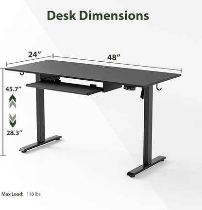 Height Adjustable Desk with Keyboard Tray, 48 x 24 Inches Electric Standing Desk, Stand up Computer Table with Memory Preset, Gaming Modern Lift Motorized Gaming Workstation, Black