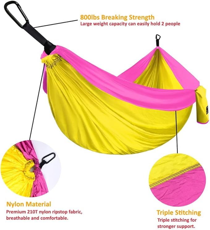 Gold Armour Camping Hammock - XL Double Hammock Portable Hammock Camping Accessories Gear for Outdoor Indoor with Tree Straps, USA Based Brand (Yellow and Pink)