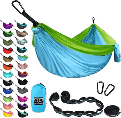 Gold Armour Camping Hammock - XL Double Hammock Portable Hammock Camping Accessories Gear for Outdoor Indoor with Tree Straps, USA Based Brand (Sky Blue and Lime Green)
