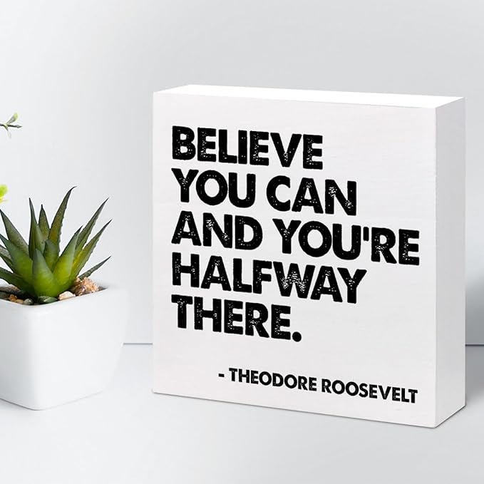 Believe You Can and You're Halfway There Wood Box Signs,Inspirational Wood Plaque Sign Desk Decor,Rustic Positive Wooden Block Sign Decor for Home Office Shelf Table Decoration C1073