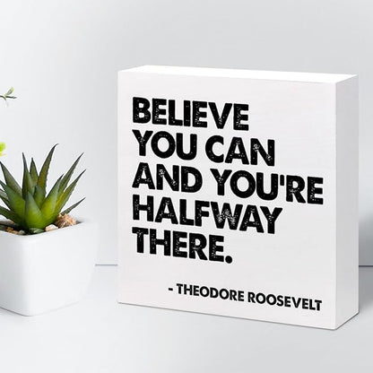 Believe You Can and You're Halfway There Wood Box Signs,Inspirational Wood Plaque Sign Desk Decor,Rustic Positive Wooden Block Sign Decor for Home Office Shelf Table Decoration C1073