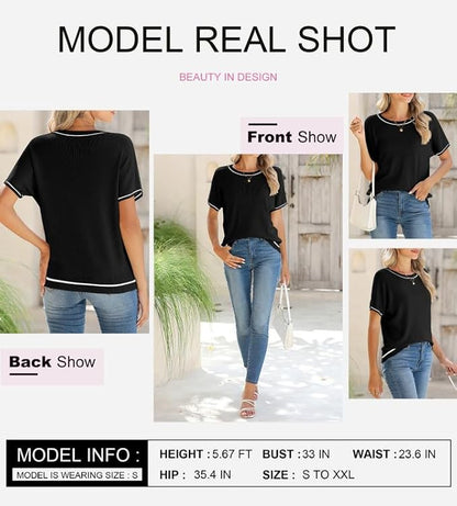 SHEWIN Womens Tops Trendy Short Sleeve Shirts Crewneck Lightweight Knit Sweater Top Business Casual Outfits