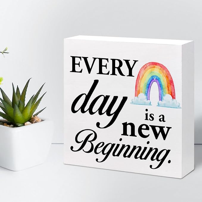 Positive Wood Box Sign Desk Decor,Every Day is a Fresh Beginning Wood Plaque Signs,Rustic Inspirational Wooden Block Sign Decor for Home Office Shelf Table Decoration C1076