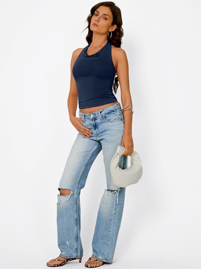 Trendy Queen Halter Tops for Women Going Out Summer Top | Cowl Neck Shirts, Sexy Backless, Fashion Y2K Clothes, Perfect for Party, Club, Vacation, Pair with High-waisted Bottoms