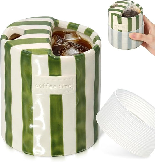 10 oz Ceramic Coffee Mug with Sip Hole & Silicone Sleeve, Green | Cute Hand-Painted Striped Porcelain, Gift for Coffee Lover, Cold & Hot Drinks, Microwave & Dishwasher Safe