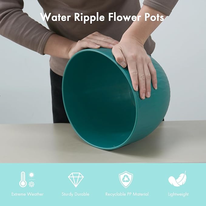 12 Inch Large Plant Pots for Indoor or Outdoor Plants, Wide Water Ripples Flower Pots with Drainage Holes & Saucer, Plastic Planters Set for Garden & Home Decor (Blue Green)