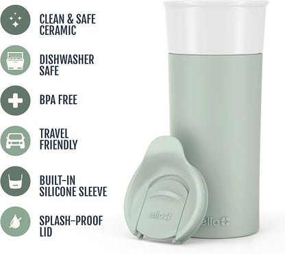 Ello Ogden 16oz Ceramic Travel Mug with Slider Lid and Sleeve, Honeydew | Splash-resistant ceramic travel mug with slider lid and protective silicone sleeve. BPA-free, great for coffee and tea.