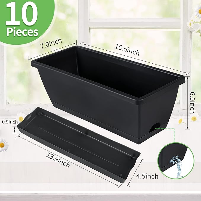 Window Box Planter, 10 Pack Plastic Vegetable Flower Planters Boxes 17 Inches Rectangular Flower Pots with Saucers for Indoor Outdoor Garden, Patio, Home Decor (Black)