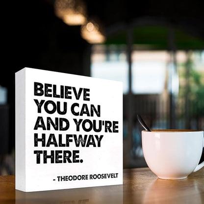 Believe You Can and You're Halfway There Wood Box Signs,Inspirational Wood Plaque Sign Desk Decor,Rustic Positive Wooden Block Sign Decor for Home Office Shelf Table Decoration C1073