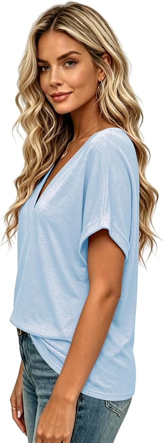T Shirts Short Sleeve V Neck Tees Womens Tops Beach Vacation Fashion Clothes 2026 Casual Summer Spring Fall Outfits