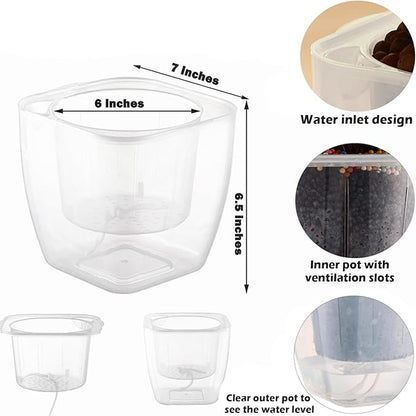 6-Pack 7 Inches Clear Self Watering Planters for Indoor Plants Large African Violet Plant Pots Plastic Wick Flower Pots with Water Injection Hole, Orchid Plant Pot Set, Clear