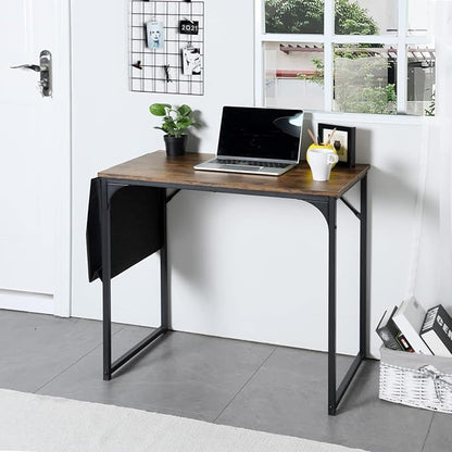 FurnitureR 31.5 inch Small Study Writing Table with Storage Bag Space Saving for Home Office, Modern PC Metal Frame Computer Desk, Black/Brown