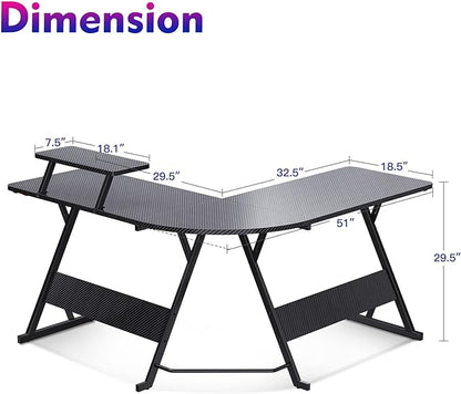 MOTPK L Shaped Gaming Desk with Carbon Fiber Surface, Corner Computer Desk L Shape with Monitor Shelf, Gamer Desk Gaming Table with Cup Holder & Headphone Hook, Black, 51 Inch