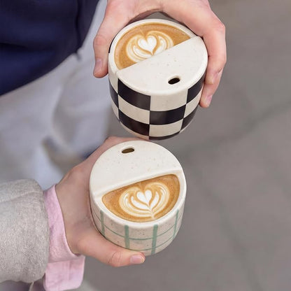 Ceramic Mug with Sip Hole 10 oz Novelty Checkered Coffee Mug | Hand Painted, Ceramic Cup, Heat Resistant, Non Slip, Built in One Lid Handcrafted Mugs for Coffee Lovers