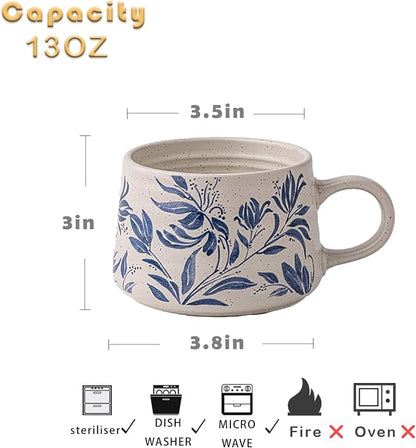 Ceramic Coffee Mug, 13oz Floral Design Pottery cute mugs, Ideal Gift for Women unique vintage pretty coffee mugs (Bluebell Mug)